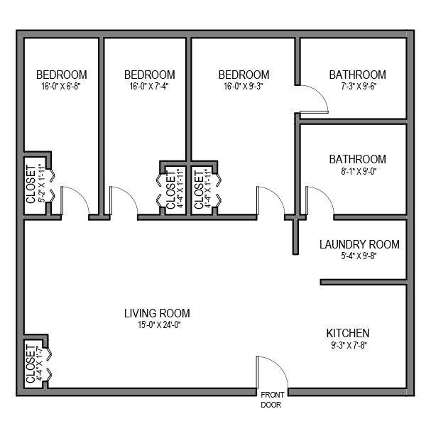 Floor plan for 3 beds, 2 baths, 1036 sqft